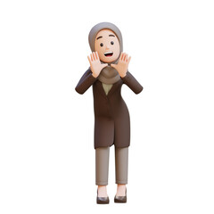 3D muslim business woman character reclines on her hands and shouting