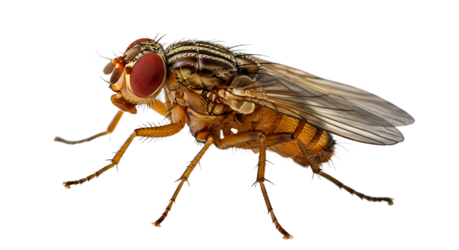 Striking macro of a fruit fly with prominent red eyes and striped thorax