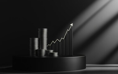 Stacked golden coins on a black podium with an upward arrow and dramatic lighting