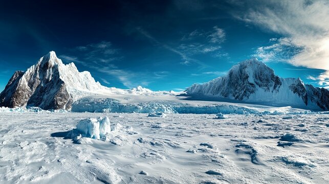 Snowy mountains and icebergs in a vast landscape, under a vibrant blue sky