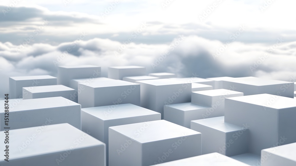 Poster abstract geometric shapes composed of cubes against a cloudy sky.