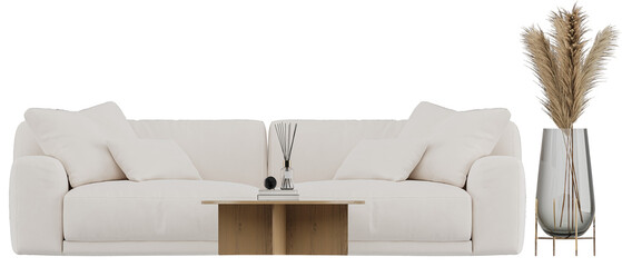 Minimalist Cream Sofa Living Room Set with Round Table and Pampas Vase — Front View