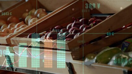 Crates on shelf after static display, receiving grid overlay, bar charts, line graph for analytics - Powered by Adobe