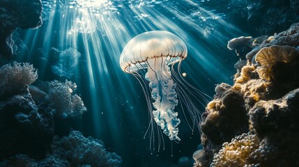Naklejka premium Sunlight illuminates a translucent jellyfish gracefully drifting amidst a vibrant coral reef