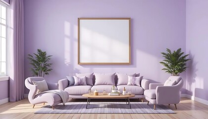 Modern lilac living room interior with frame, furniture and greenery