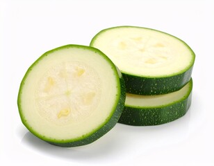 Close up images of three sliced fresh zucchini on white background