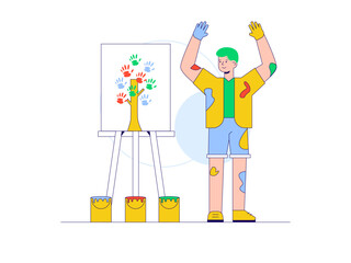 Young man applying colour to palm of hand, painted on canvas. Craft illustration. Character design. Flat vector illustration