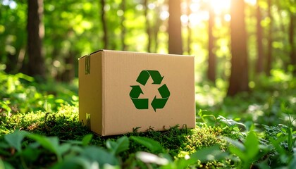 Cardboard box with recycle symbol in a forest