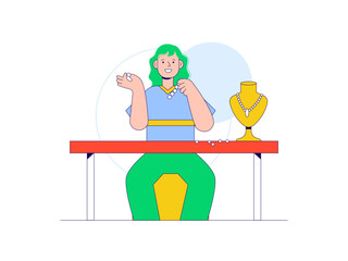 Woman making fashion necklace handmade jewellery. Craft illustration. Character design. Flat vector illustration