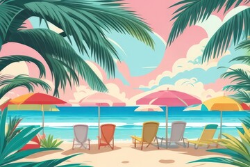 Obraz premium Summer Vacation Beach Illustration — Flat Vector with Palm Trees, Coconut Drink, and Sunset