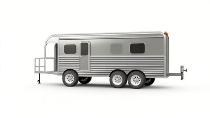 Silver horse trailer with side door and three axles against white backdrop