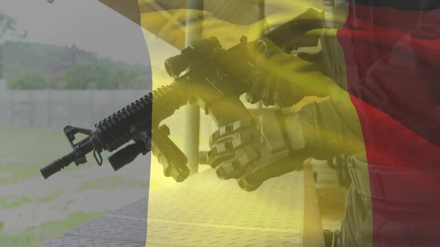 Stepping up, man lifting AR rifle, inspecting, loading magazine and chambering round for shooting