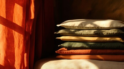 A stack of cushions neatly arranged on a cozy sofa.