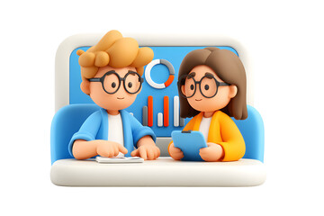 Cartoon characters analyzing data on a computer, collaborating on business strategies