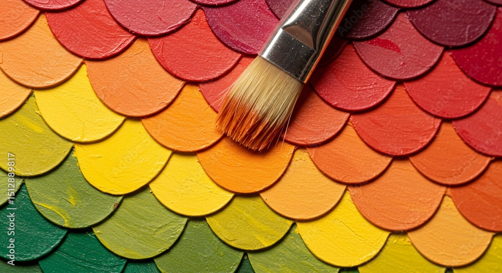 Poster colorful paint strokes arranged in a fish scale pattern with a paintbrush resting on the surface cre