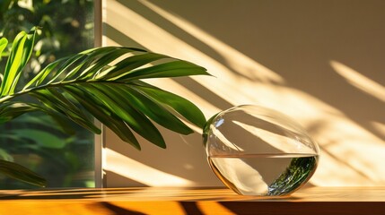 A translucent glass vase filled with water gently reflecting its surroundings.