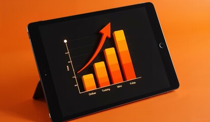 Tablet displaying a bar graph with an upward trend arrow against an orange background