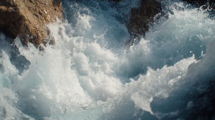 Foam crashing against rocks at the base of a waterfall in slow motion.