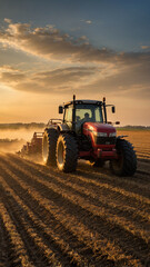 Fototapeta premium Farmer Using Tractor in Field at Sunset.