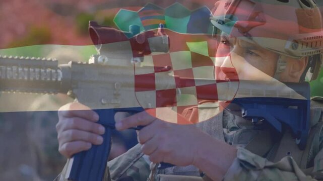 Soldier training lifting rifle adjusting strap peering through scope with Croatian flag overlay