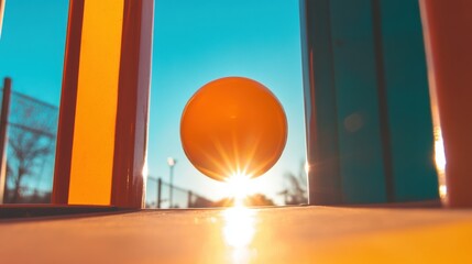 A bouncy ball ricocheting across a vibrant playground in the sunlight.