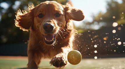 A joyful dog chasing a bouncy ball across a green field.