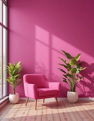 Stylish magenta interior featuring an armchair and green potted plants