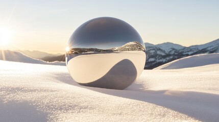 A perfectly symmetrical ice sphere reflecting the cold winter landscape.