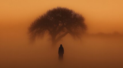 A mysterious figure standing in the mist at dawn barely visible.