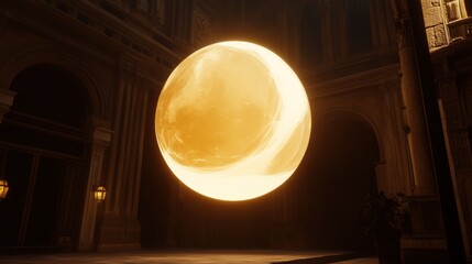 A soft glowing orb of light floating above a city street.