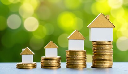 Miniature houses placed on stacks of coins, symbolizing property investment growth against a green bokeh background.