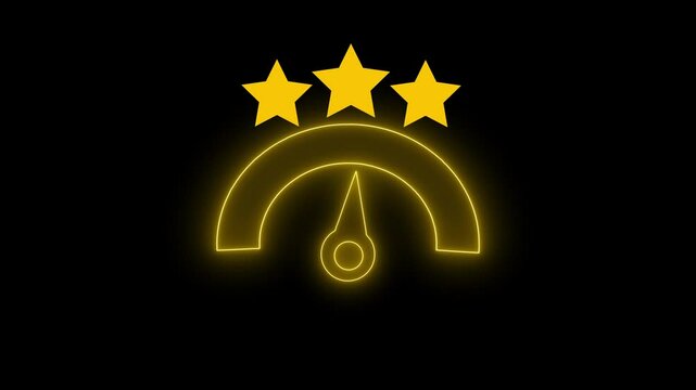 Neon analog race car speedometer animation with black background.Shaking neon tachometer close up with arrow showing fast increasing rotation speed