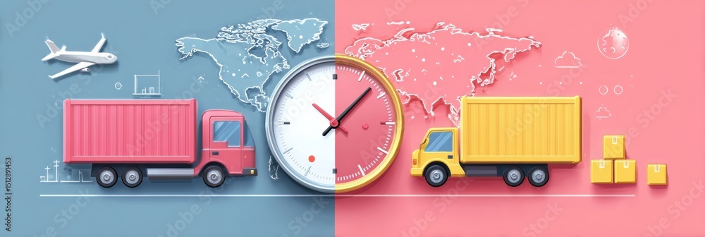 Poster average delivery times visualized with truck and airplane graphics along with a clock and global map