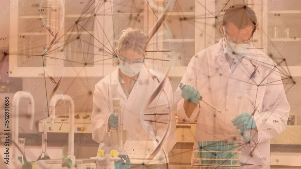 Poster upon digital overlay appearing lab technicians pipetting liquids into tubes guiding experiment
