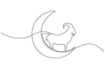 Continuous one line drawing of Crescent moon with Goat. Single line drawing illustration of Muslim Eid Al Adha sacrificing goat to God. Eid Al Adha Banner concept vector art. Doodle line illustration.