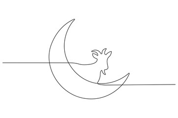 Continuous one line drawing of Crescent moon with Goat. Single line drawing illustration of Muslim Eid Al Adha sacrificing goat to God. Eid Al Adha Banner concept vector art. Doodle line illustration.