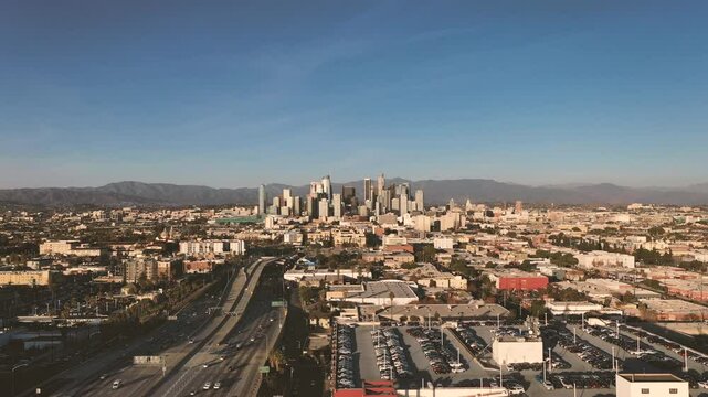4K drone Video of downtown Los Angeles during sunset as a stablishing shot 4K