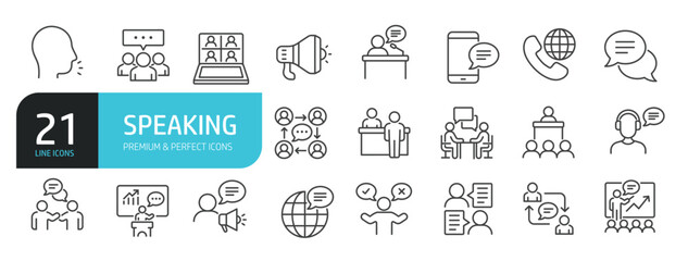 Set of line icons related to speaking, speech, talk, discussion. Editable stroke. Outline icons collection. Vector illustration stock illustration
