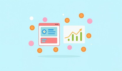 Illustration of a webpage with settings and a graph surrounded by colorful dots