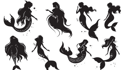 Fototapeta premium Mermaid Silhouette Collection , black silhouettes isolated on white background