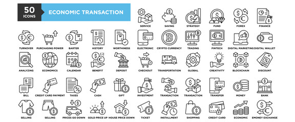 50 Economic Transaction icon set. Containing design financial, finance, money, economy, banking, economic	