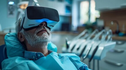 Senior Man Wearing VR Headset in Dental Chair