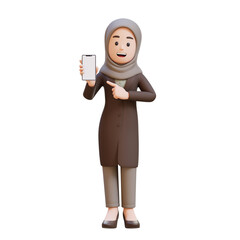 3D muslim business woman character holding a cell phone and pointing to it