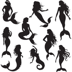 Mermaid Silhouette Collection , black silhouettes isolated on white background