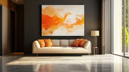 Abstract art painting with beautiful modern wall decor in cream and orange colors, in a large hallway with a sofa.