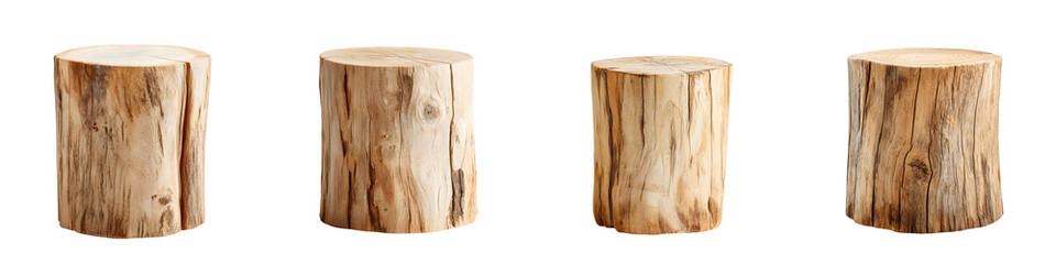 Natural wooden stumps in various heights, handcrafted, showcasing organic textures and earthy tones, ideal for rustic decor and outdoor settings.