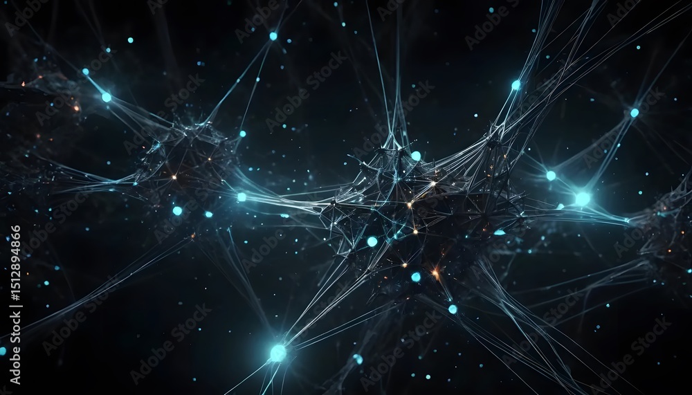 Poster abstract neural network visualization: intricate connections and glowing nodes in deep blue