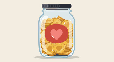 Charity donation concept donation jar with heart label full of gold coins for charity and fundraising campaign vector illustration