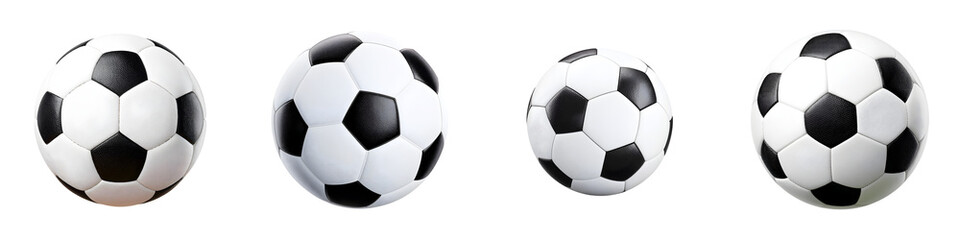 Classic soccer balls in various sizes with black and white patterns, showcasing the traditional design of sports equipment that speaks to football enthusiasts and athletes.