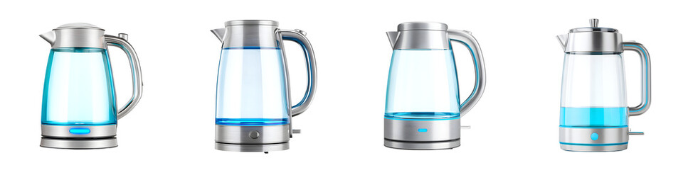 Obraz premium Modern electric kettles with transparent bodies and vibrant blue light accents, showcasing sleek designs, versatility in kitchen use, and energy-efficient boiling technology